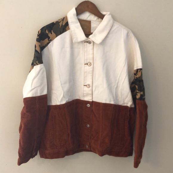 Patchwork Streetwear retro funky jacket rust corduroy camo cream denim SZ XXL - Picture 1 of 10